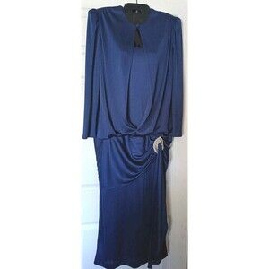 JOVANI Vintage Dress Size 10 Navy Blue Long Sleeve Pearl Accent Blanche Dynasty